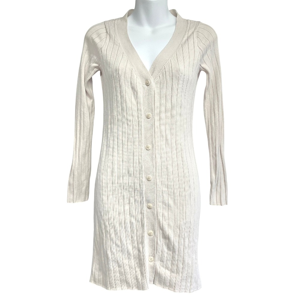 Abercrombie & Fitch Cream Ribbed Knit Button Front V-Neck Cardigan Dress Small